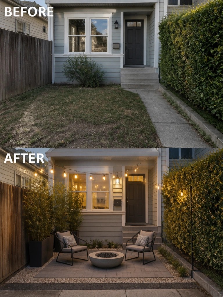 Before-and-after house entrance remodel with patio, firepit, chairs and string lights.