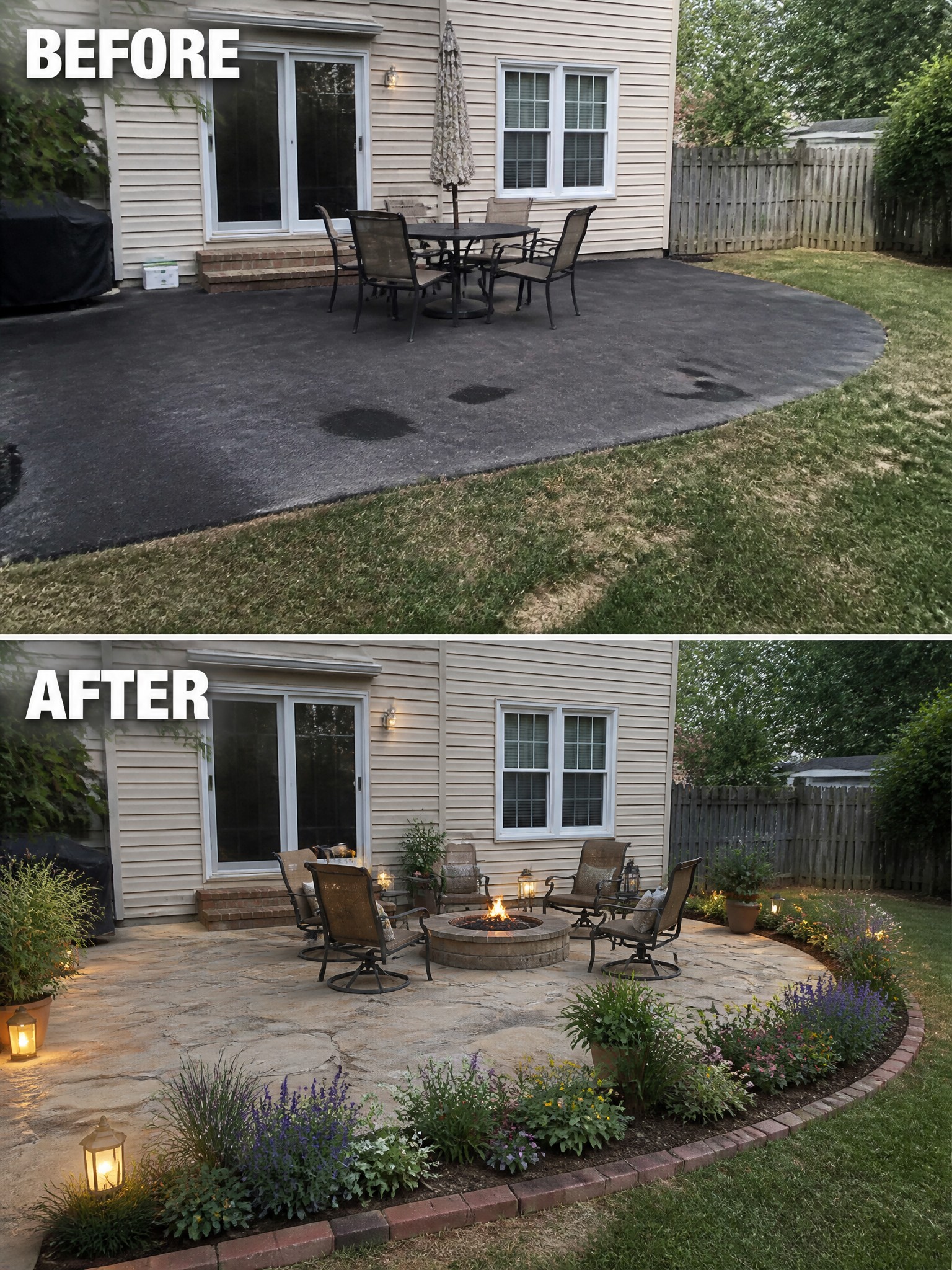 Before and after transformation of a backyard patio with stone flooring and flowers.