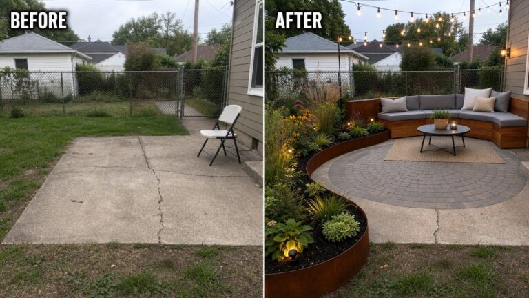 18 Smart Backyard Remodel Ideas With Patio Seating and Garden Borders Before and after of a backyard transformation with a cozy seating area and plants.