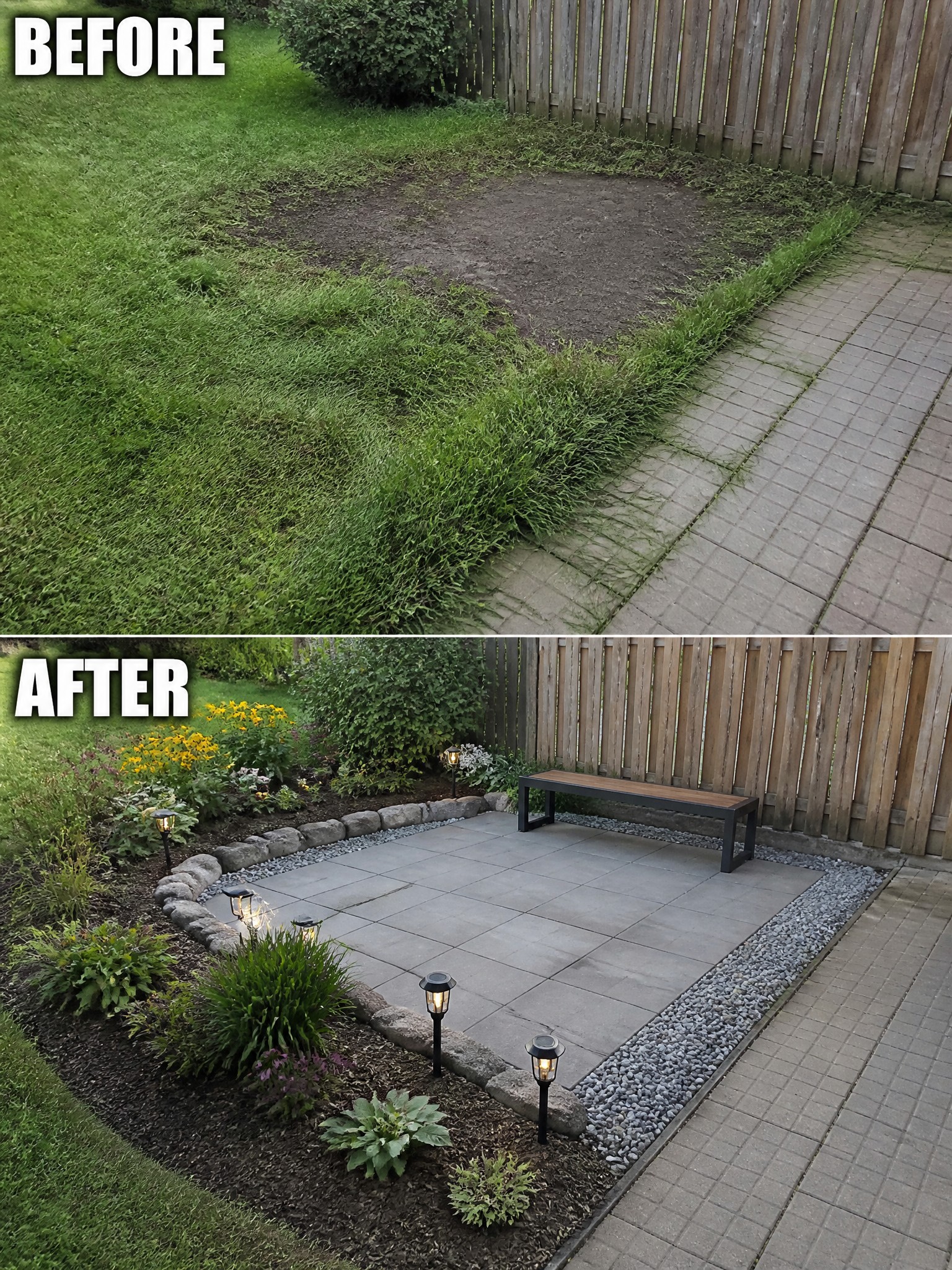 Before-and-after image of an overgrown backyard corner changed into a paved patio with a bench, stone borders, gravel edging, and planted garden beds.