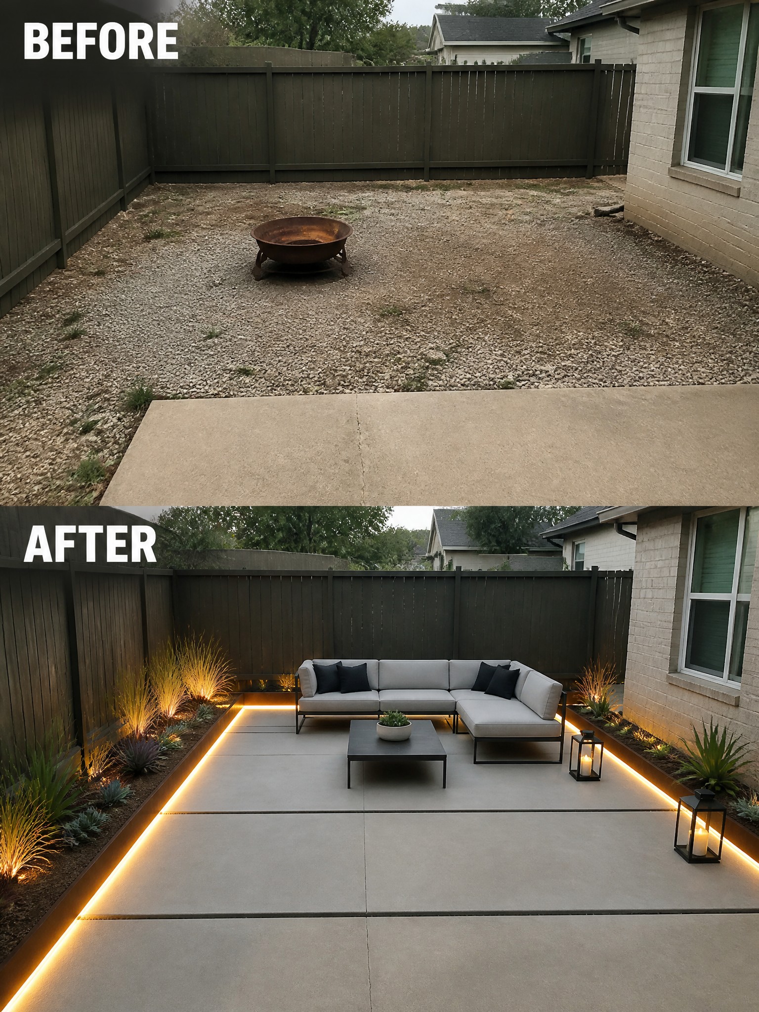 Before-and-after image of a gravel backyard changed into a concrete patio with an L-shaped sectional, coffee table, and lighted garden borders.