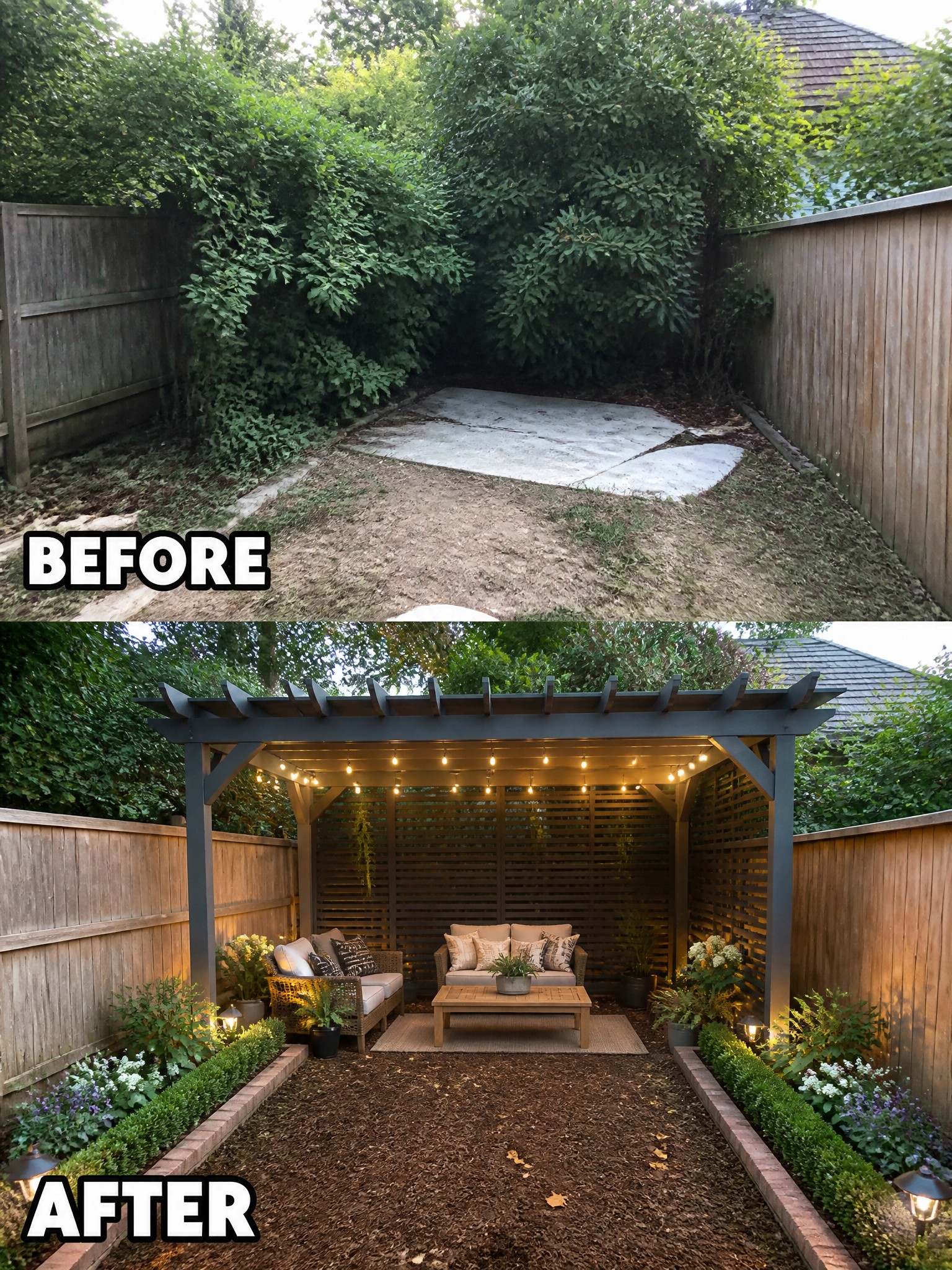 Before-and-after garden transformation featuring dense greenery and a cozy pergola lounge area.