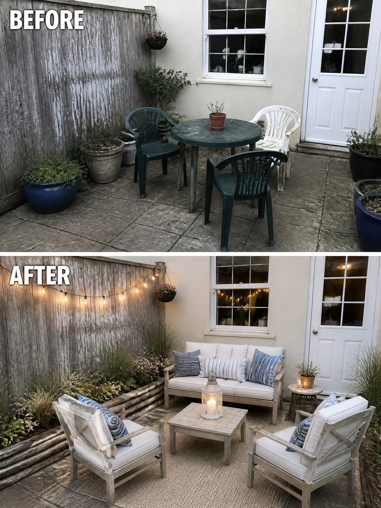 Before and after transformation of a small patio with chairs and new cozy furniture.