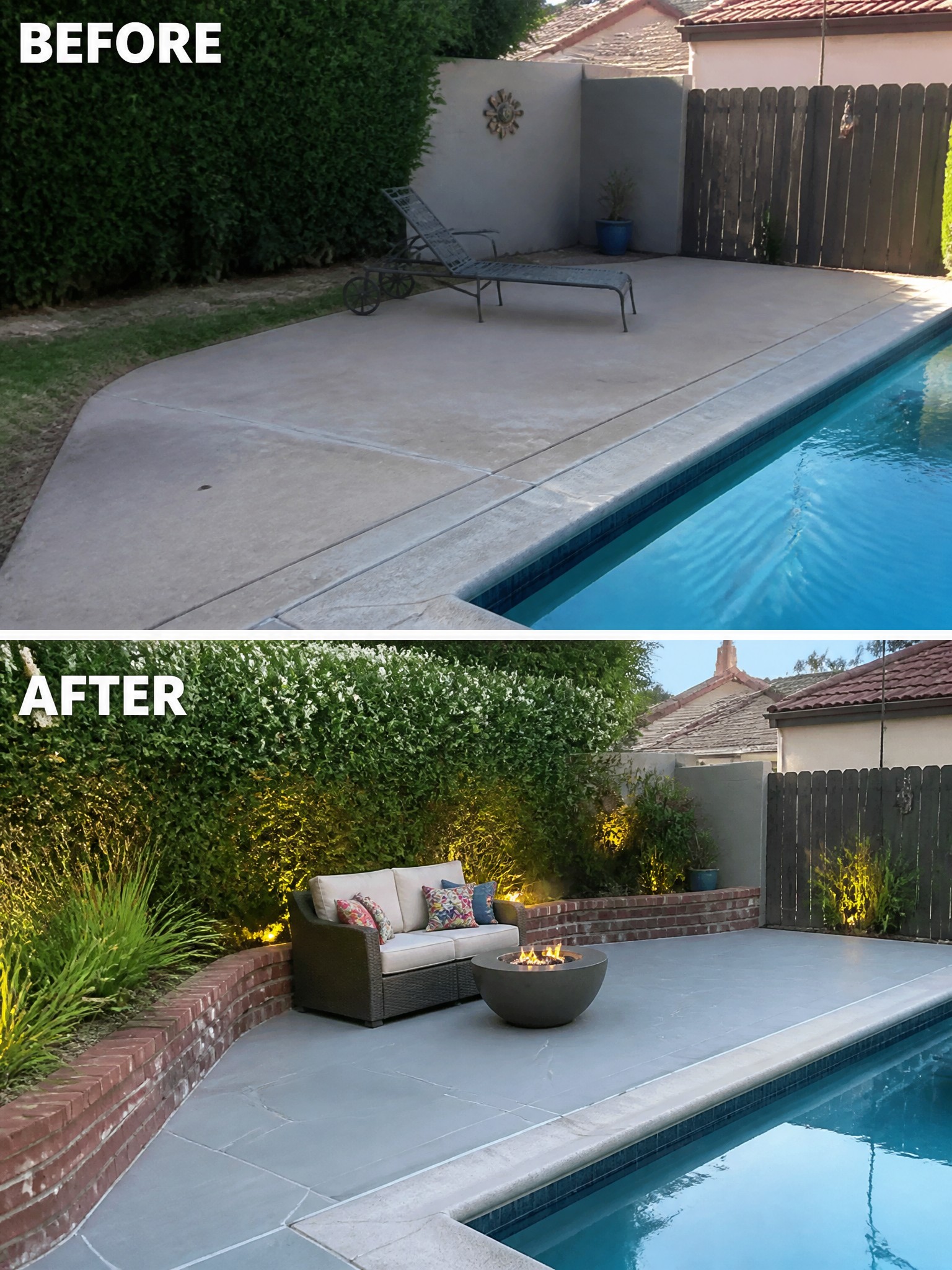 Before and after images of a poolside, featuring a seating area and fire pit.