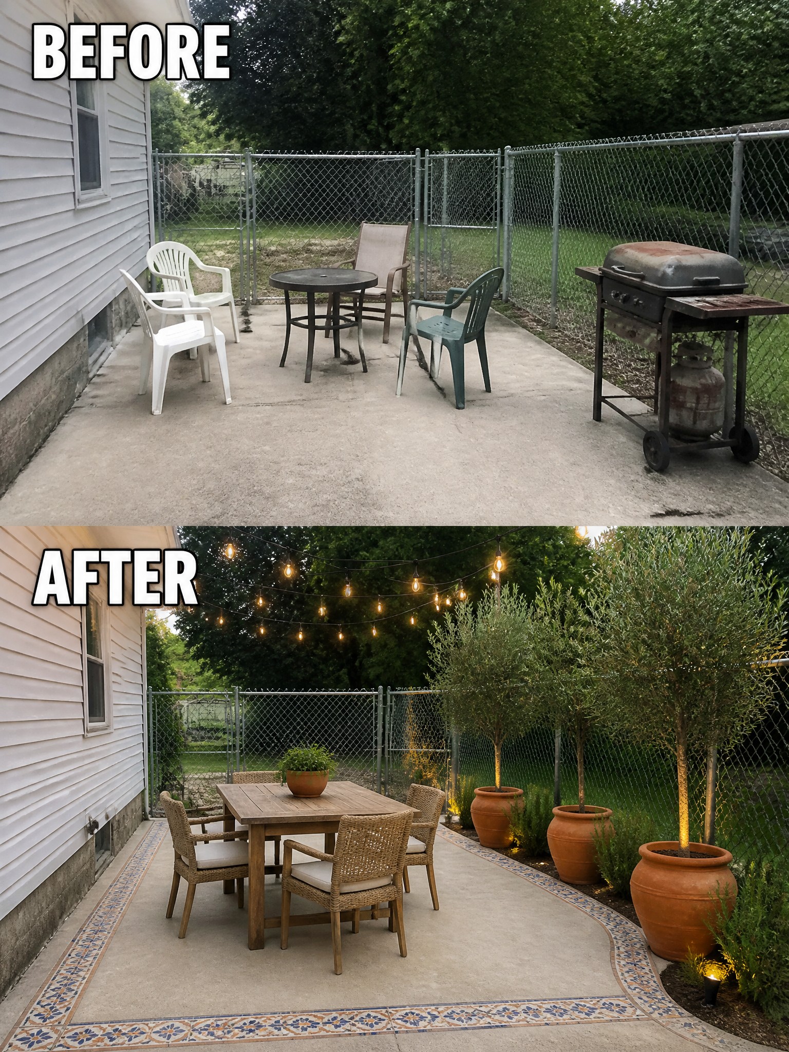 A patio transformation featuring stylish furniture, string lights, and potted trees.