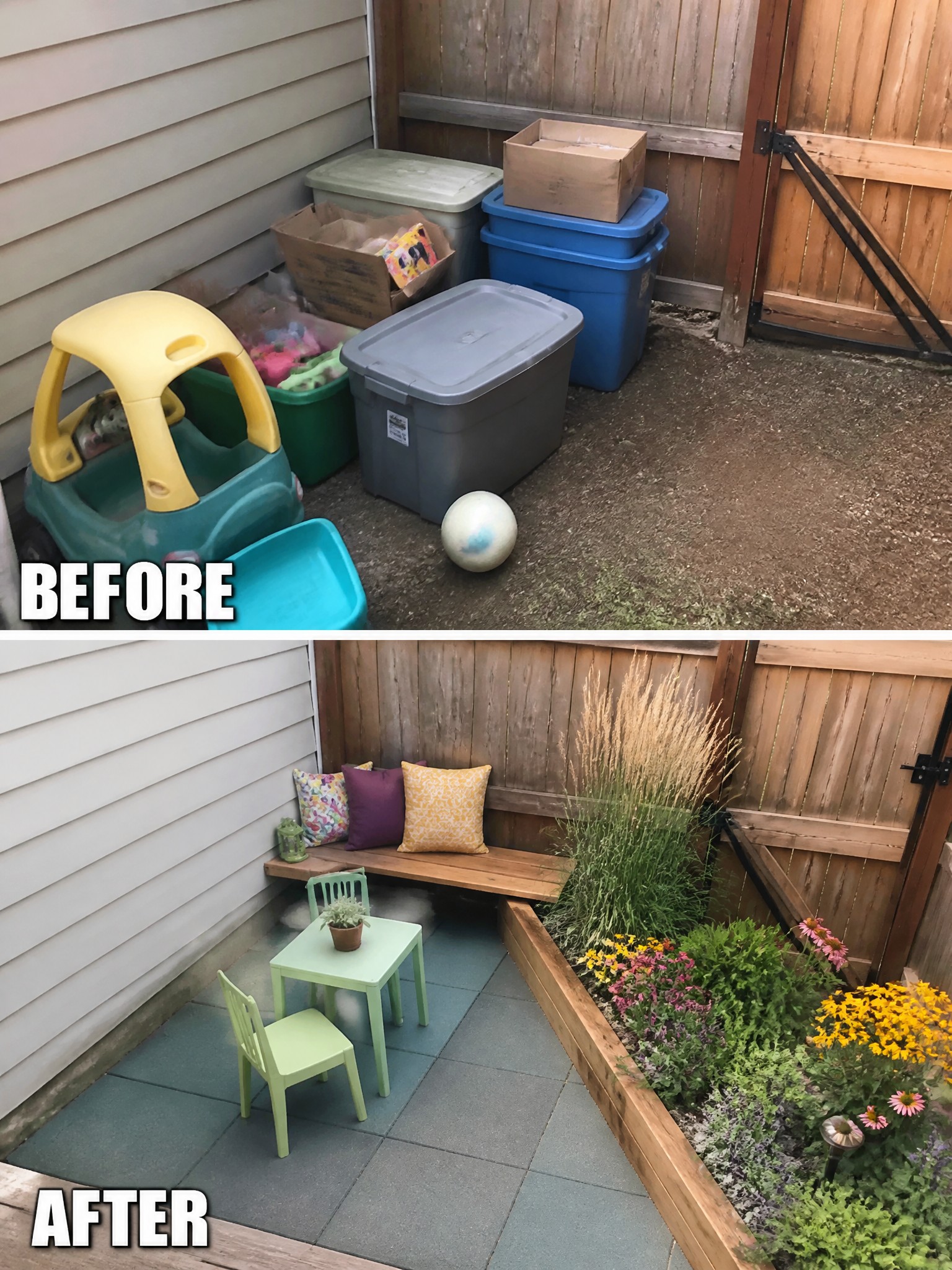 Before and after garden transformation: cluttered space vs. vibrant seating area with flowers.