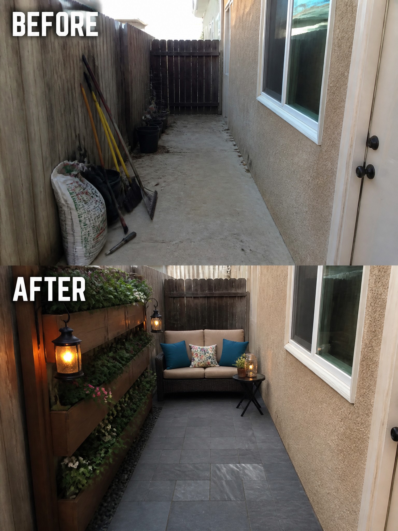 Transformed narrow space featuring a cozy seating area, plants, and decorative lanterns.