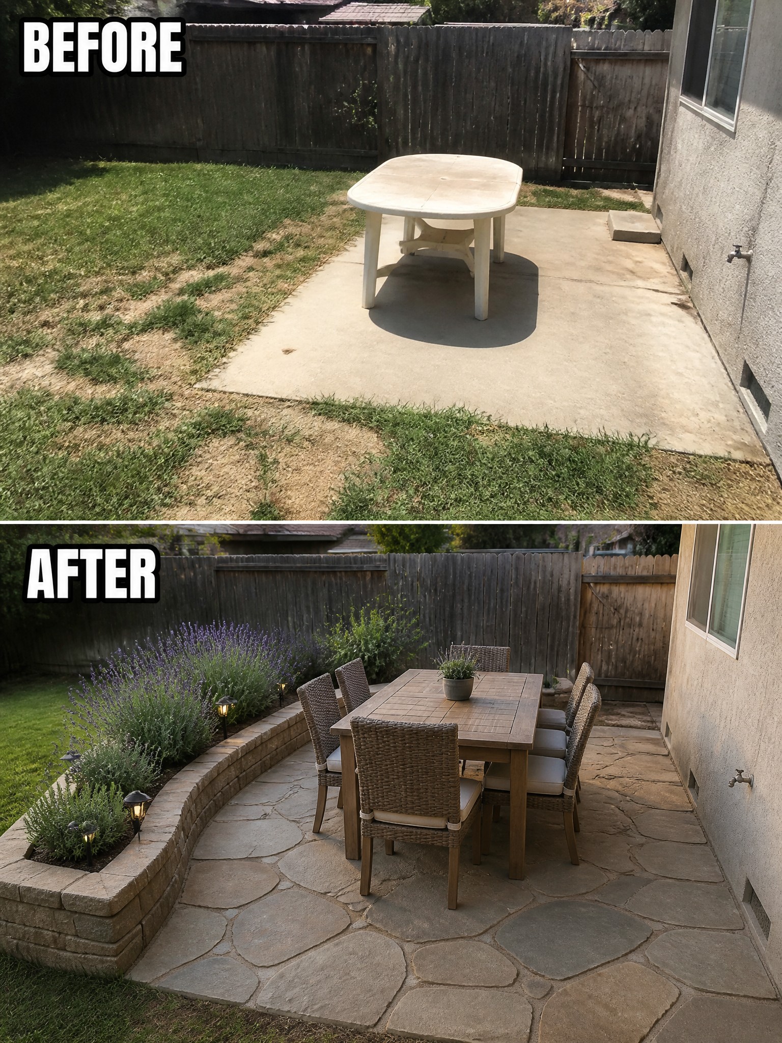 Before and after yard transformation: grassy area to a stone patio with dining set.