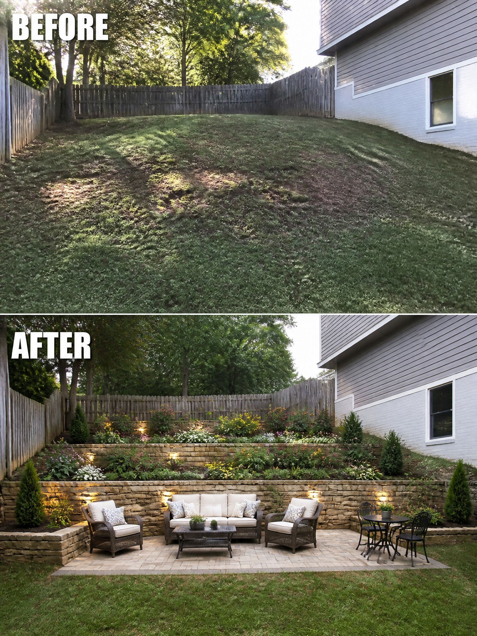 Before and after transformation of a backyard with landscaping and seating area.
