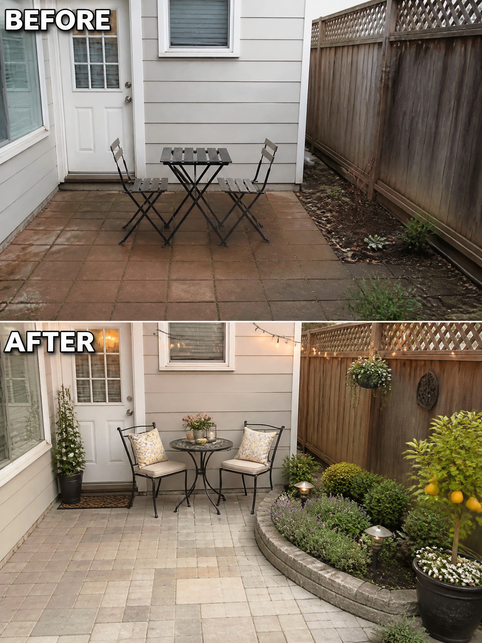 Transformative patio makeover featuring a round table, chairs, plants, and warm lighting.