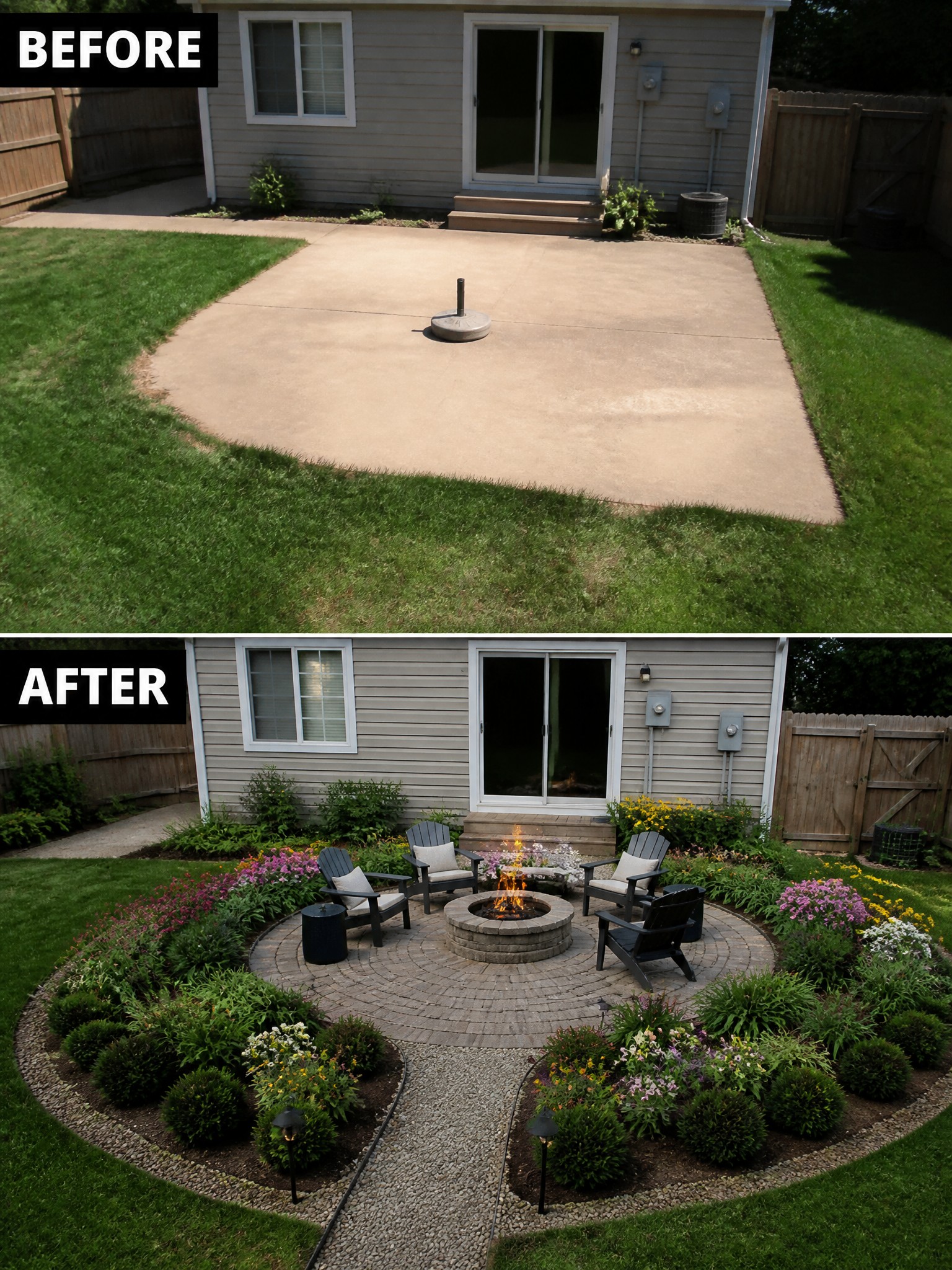 Before-and-after image of a bare concrete patio changed into a circular paver seating area with a fire pit, chairs, and planted garden borders.
