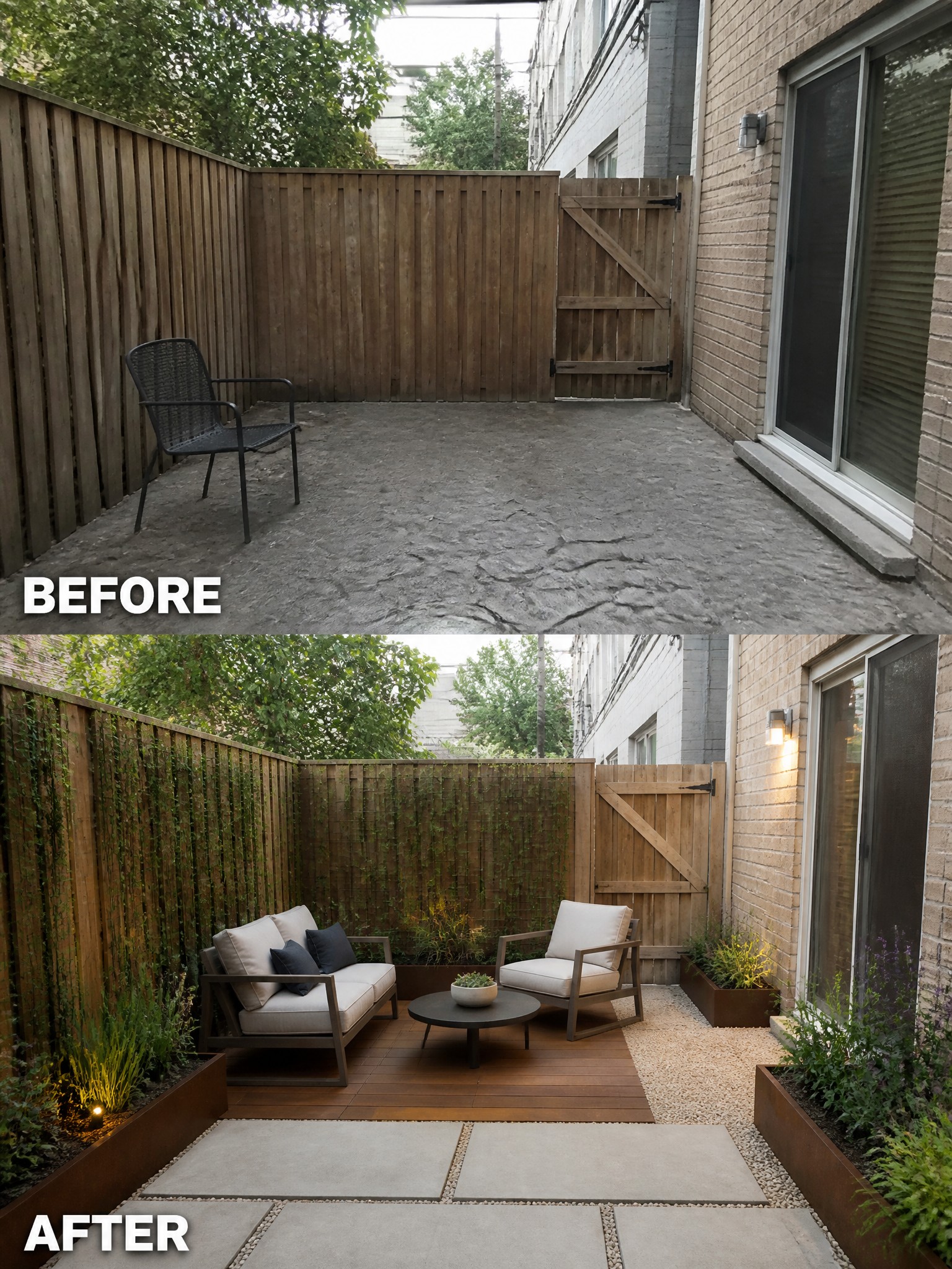 Transformed outdoor space with modern furniture, greenery, and contrasting flooring before and after renovation.