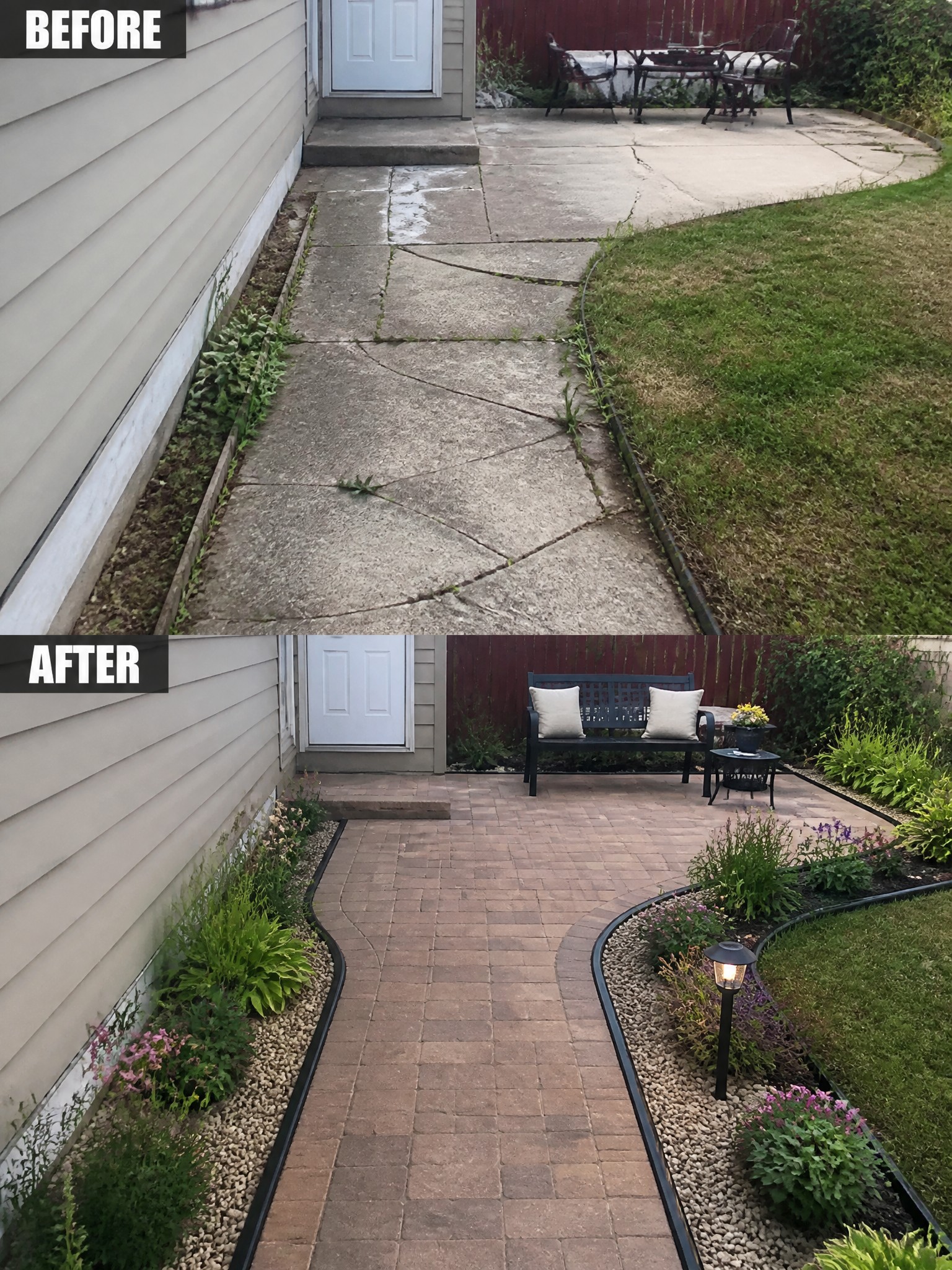 A transformed pathway, with new pavers, flowers, and landscaped edges, showcases a clean entrance.
