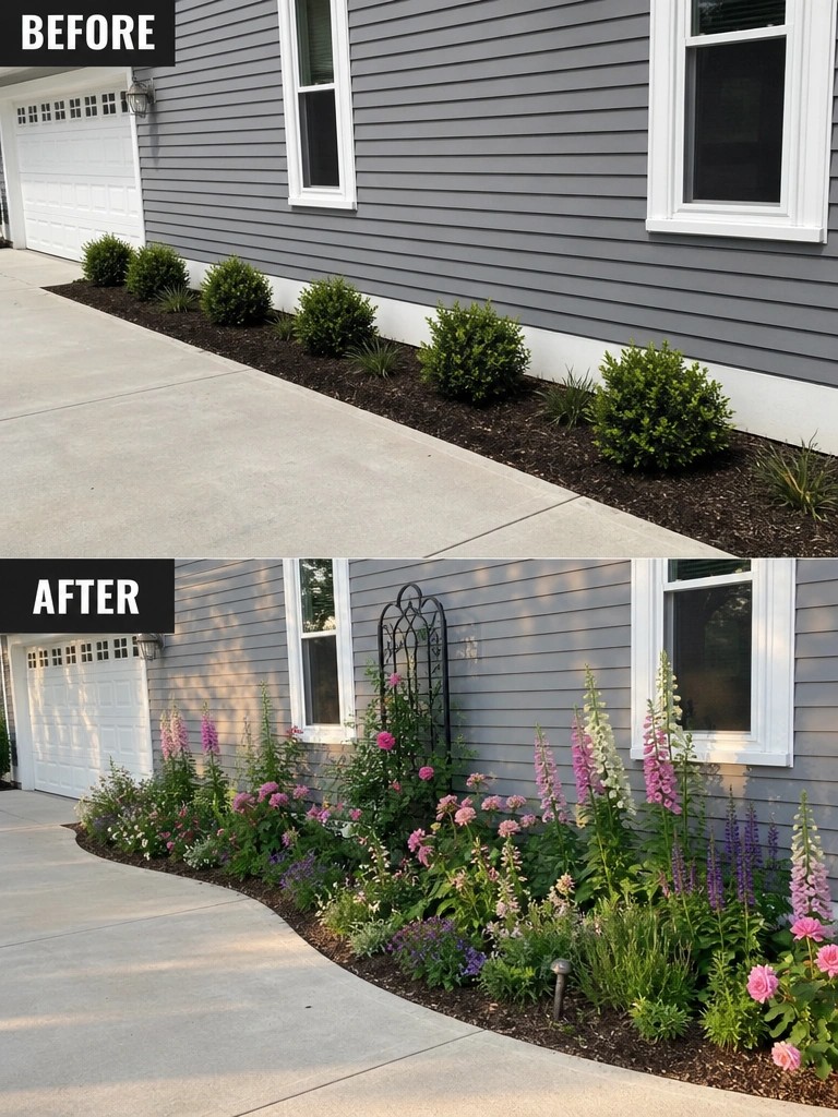 Gray house before and after vibrant flower garden along driveway.