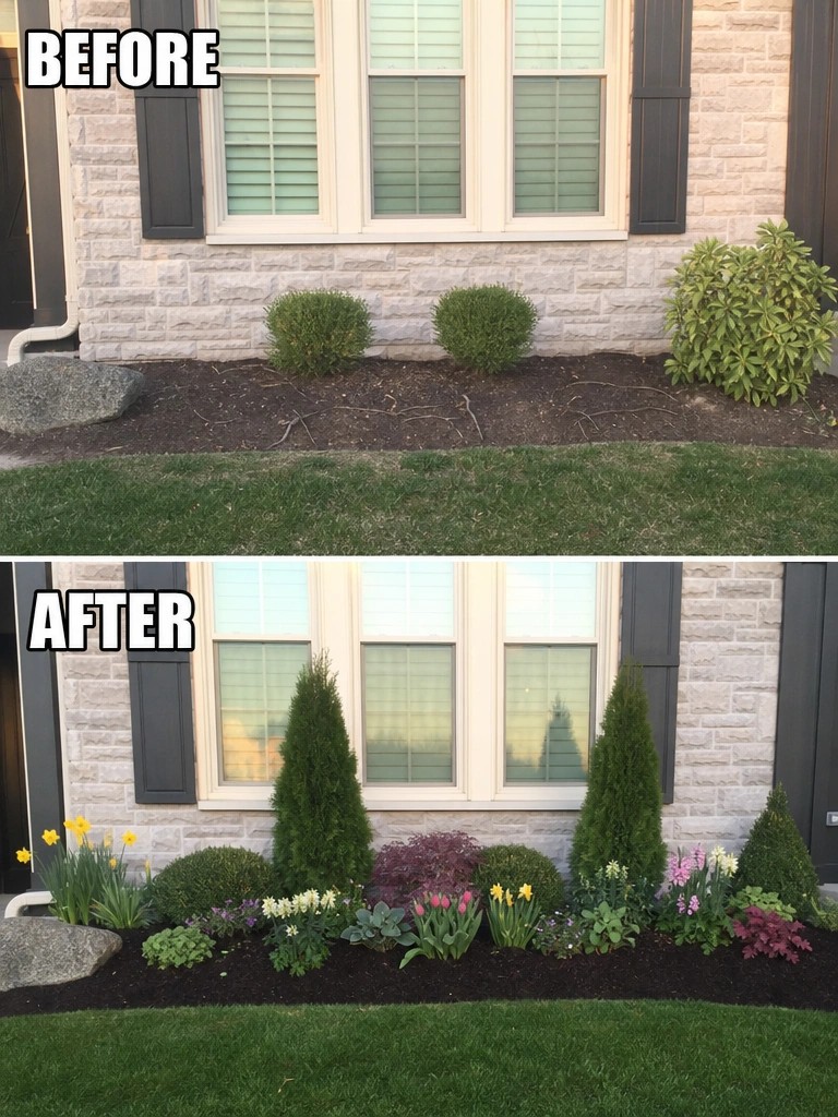 Before-and-after garden bed transformation with added flowers and shrubs by window.
