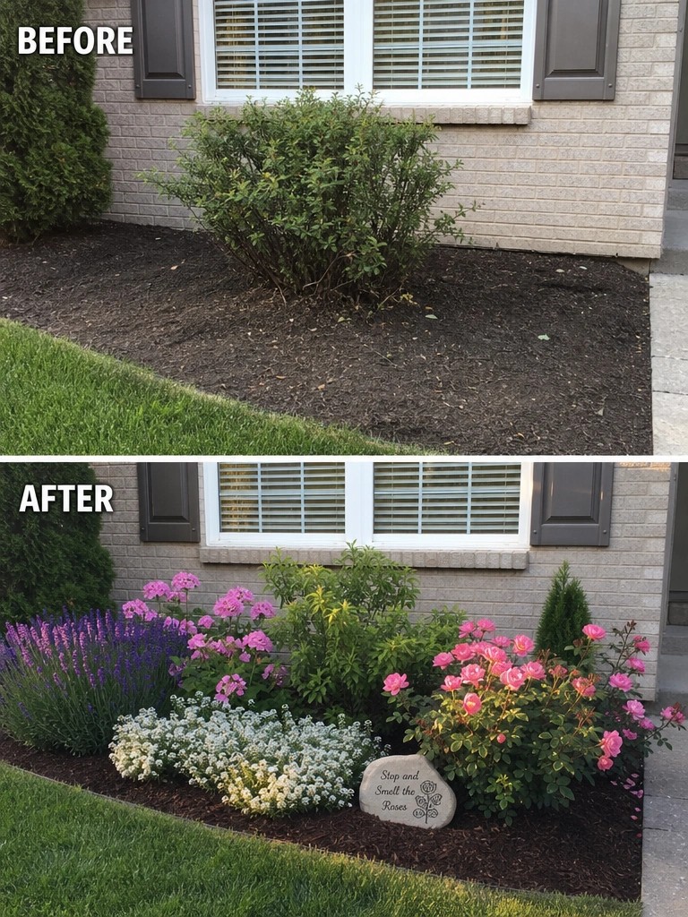 Before and after of mulched garden bed transformed with colorful flowers and roses