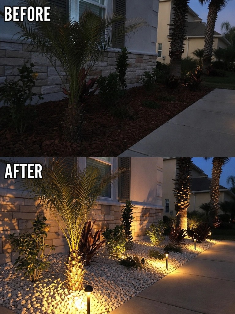 Before-and-after image of a house garden bed changed from dark mulch to white gravel with added pathway lights.