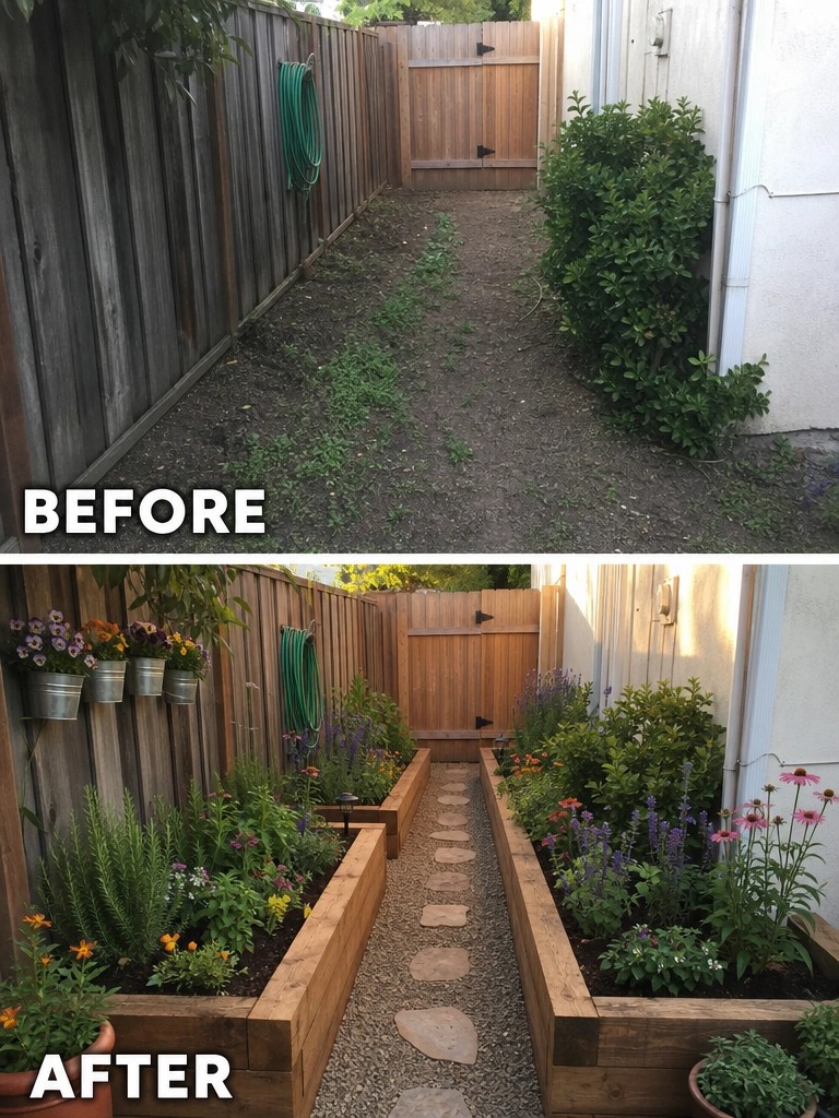 Before-and-after image of a bare dirt path transformed into a garden walkway lined with raised wooden flower beds.