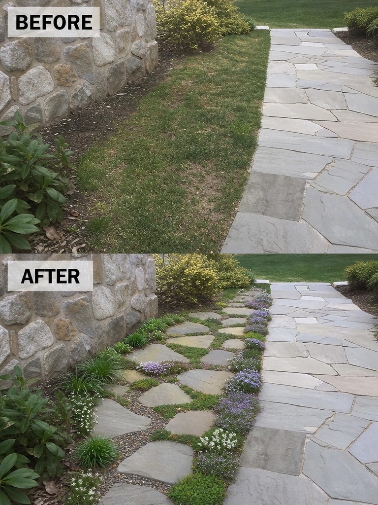 Before grassy path beside stone wall, after with planted stepping stones and flowers