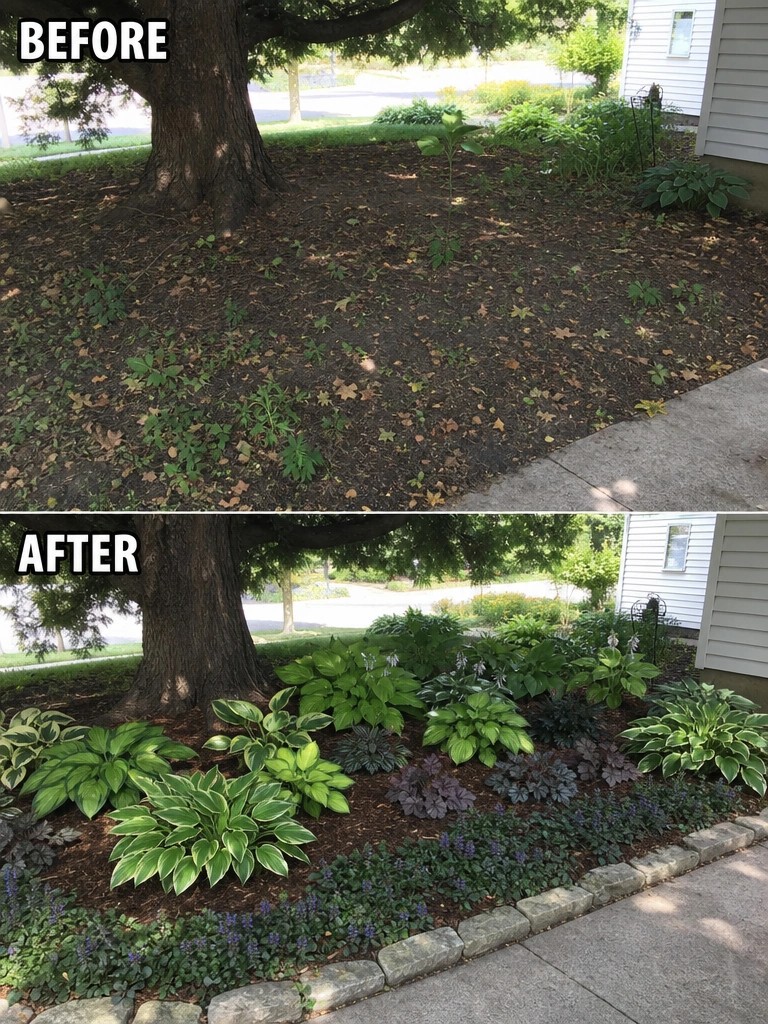 Before-and-after garden bed transformation with hostas under tree and stone edging