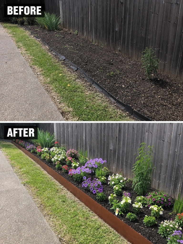 Before and after of mulched garden bed transformed into colorful flower border by fence.