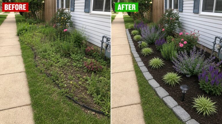 Before and after of overgrown garden bed transformed with flowers, stones, and lights.