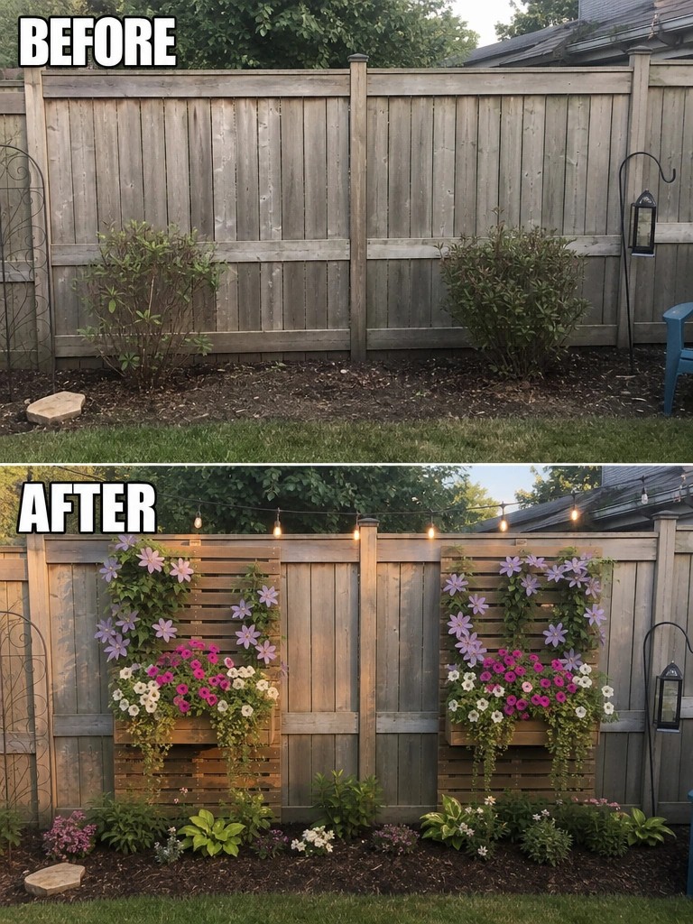 Before and after of wooden fence upgraded with flower trellises, string lights, and garden plants.