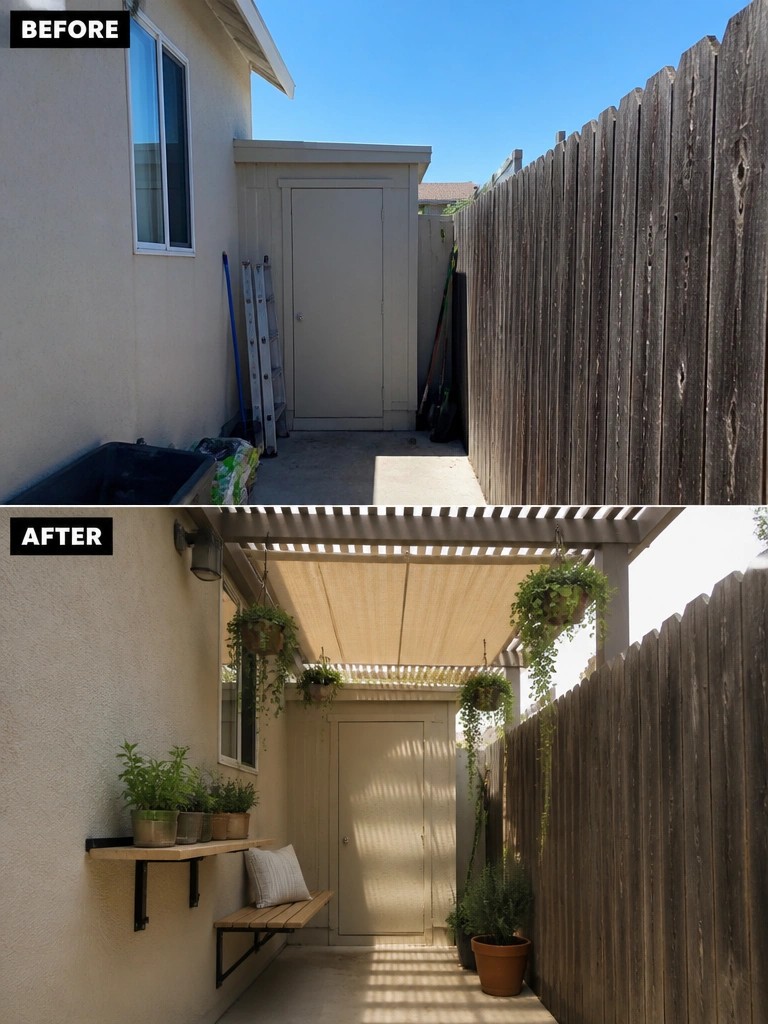 Before-and-after image of a narrow side yard transformed with a pergola, shade cover, hanging plants, and a wall-mounted bench.