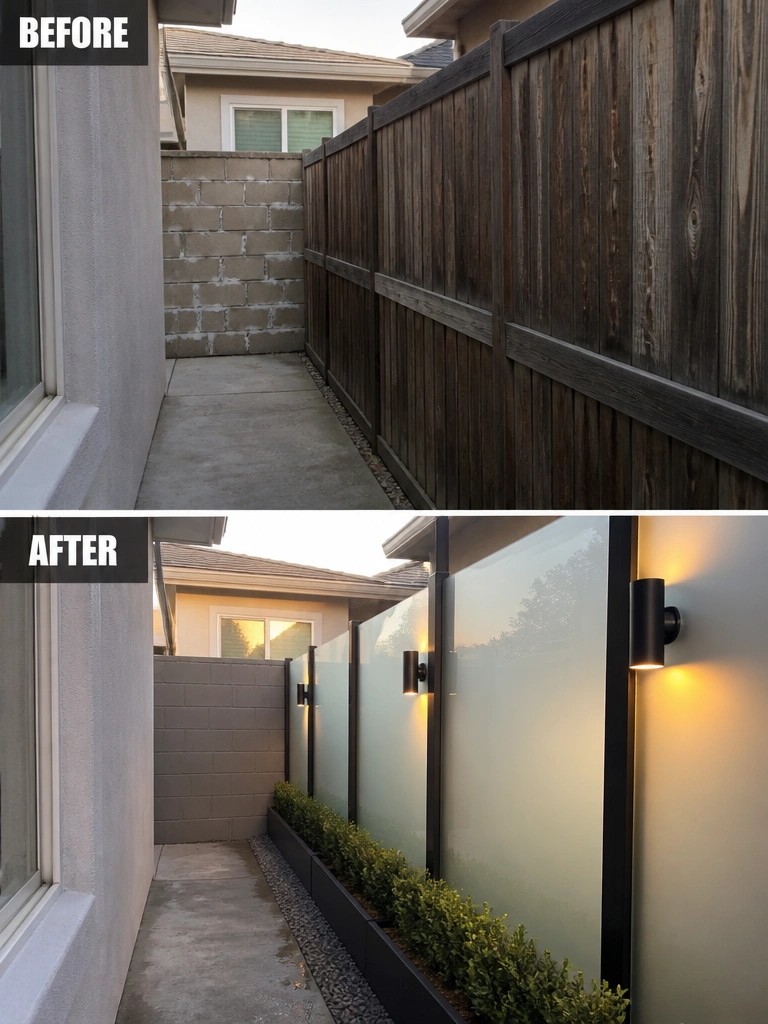 Before-and-after image of a narrow side yard where a wooden fence is replaced with frosted glass panels and wall sconces.