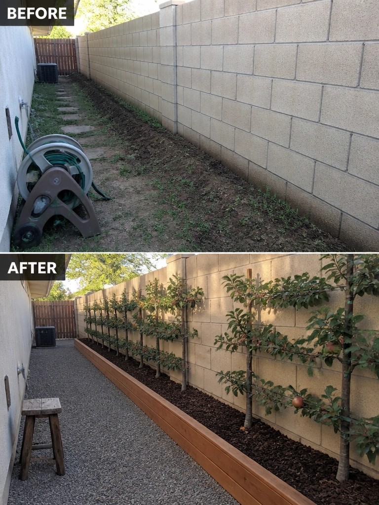 Before-and-after image of a narrow side yard transformed by a raised bed and a row of espaliered trees along the wall.