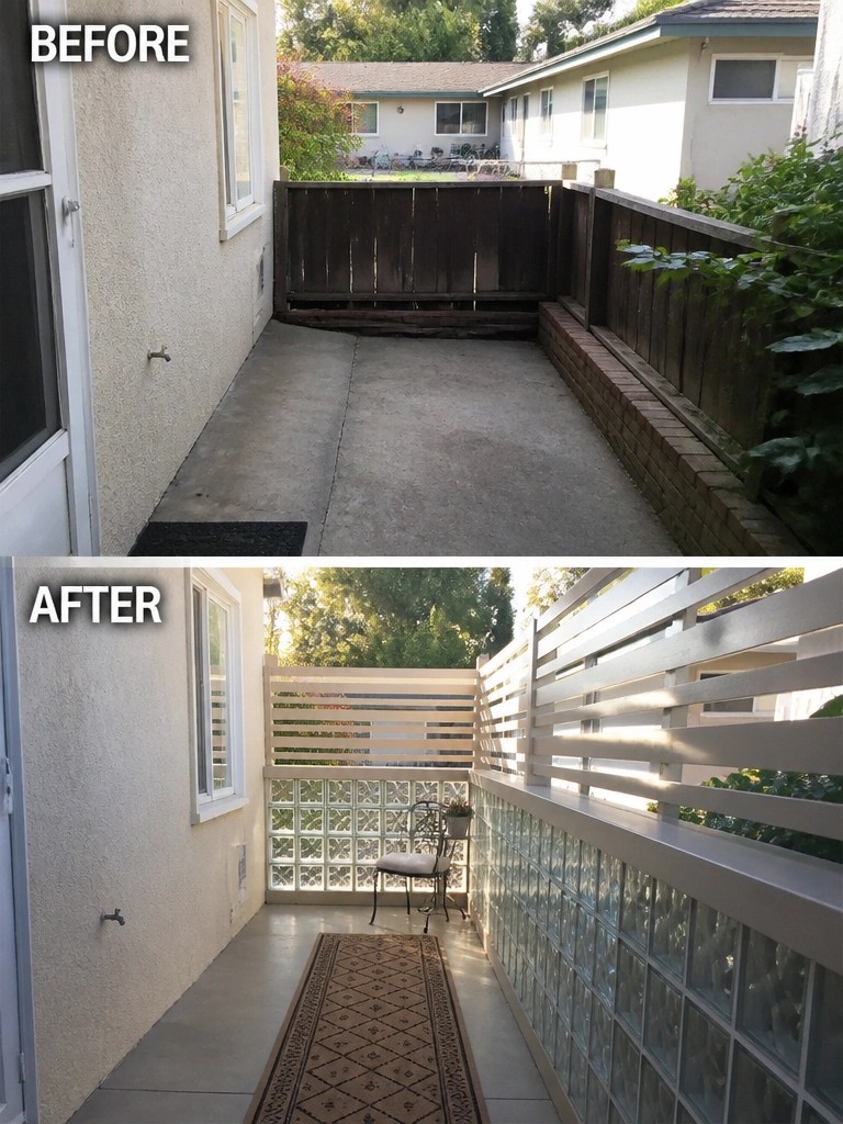 Before-and-after image of a narrow side yard showing updated fencing and added glass block walls for privacy.