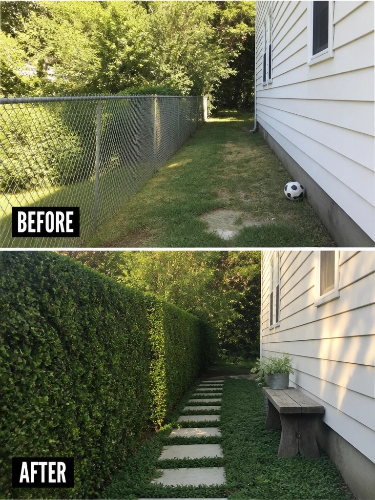 Before and after yard transformation: chain-link fence replaced by hedge, path, and bench.