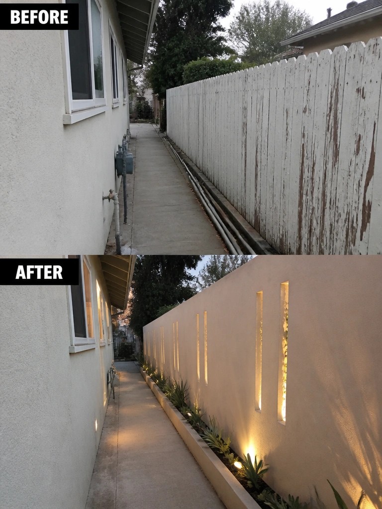 Before-and-after alleyway with weathered fence replaced by lit modern wall and garden.