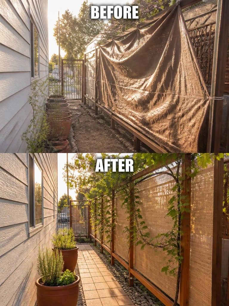 Before-and-after yard fence makeover with vines, path, and potted plants