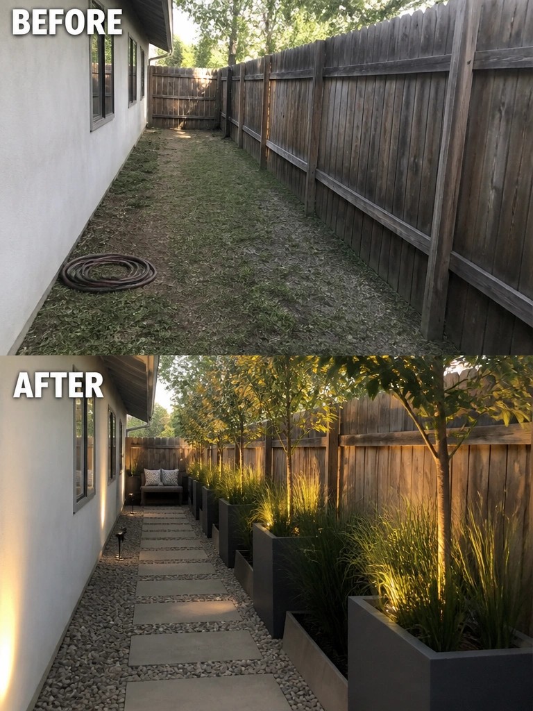 Before-and-after image of a narrow side yard changed from a bare dirt strip into a clean path with gravel and a row of tall planters holding grasses and trees.