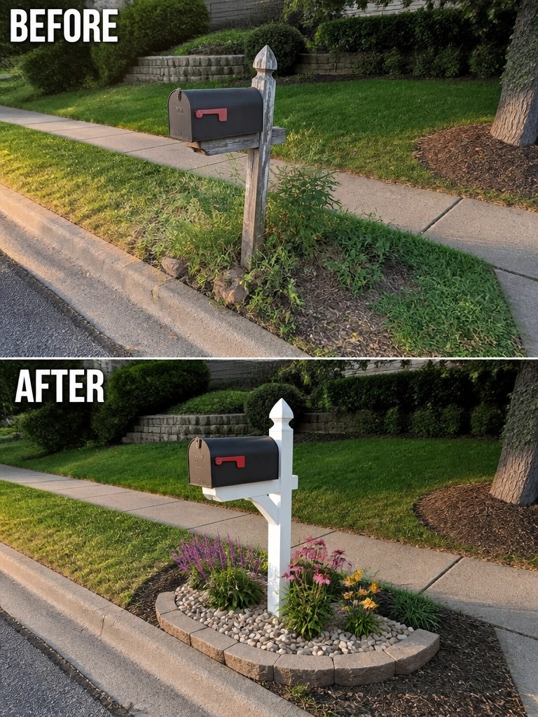 Before and after of mailbox on weathered post versus white post with flower bed.