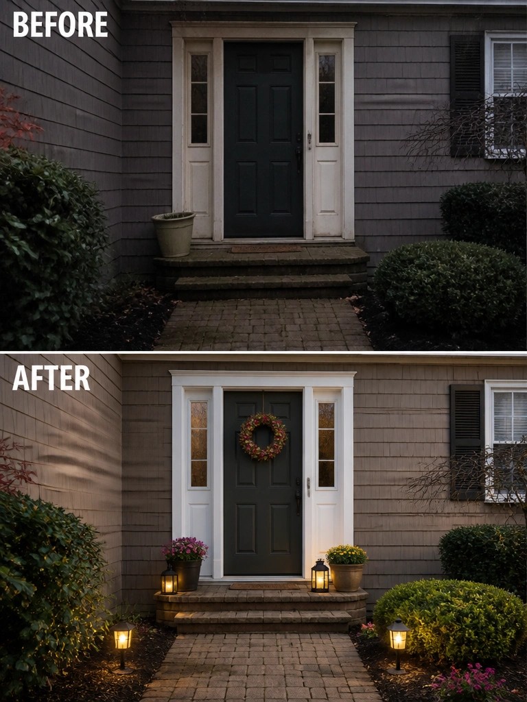 Before and after of dark green door with wreath, plants, and glowing lanterns.