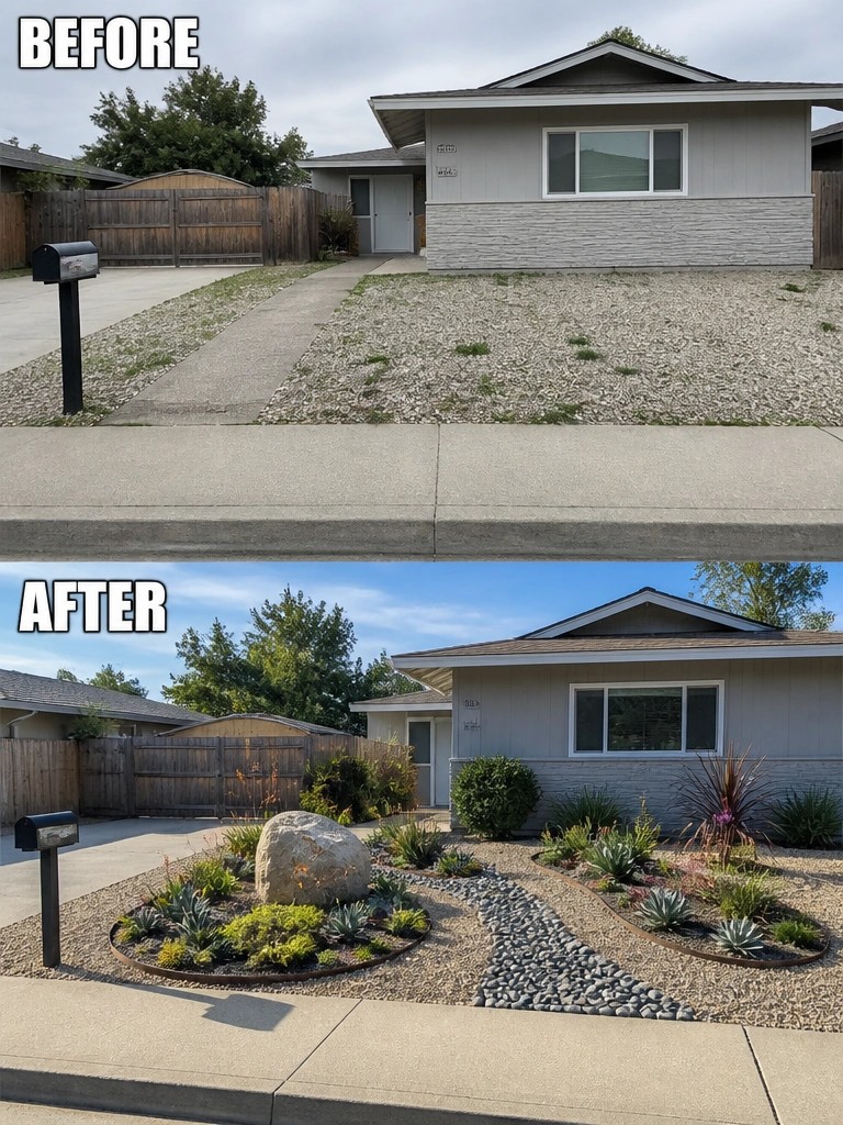 Before-and-after view of house front yard from barren gravel to landscaped garden.