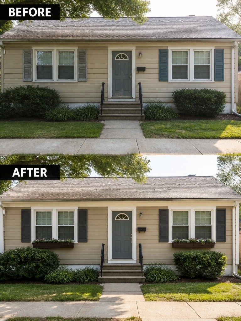 Before-and-after image of a house exterior with added window boxes and updated darker shutters.