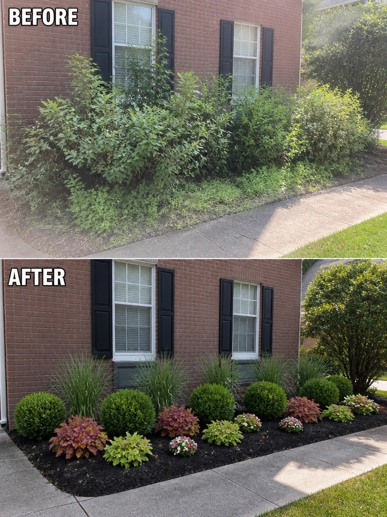 Before-and-after landscaping of brick house: overgrown bushes replaced by neat shrubs and flowers.