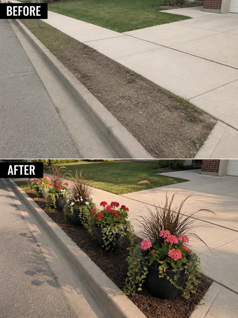 Before and after of curb strip landscaped with potted flowers and mulch along sidewalk.