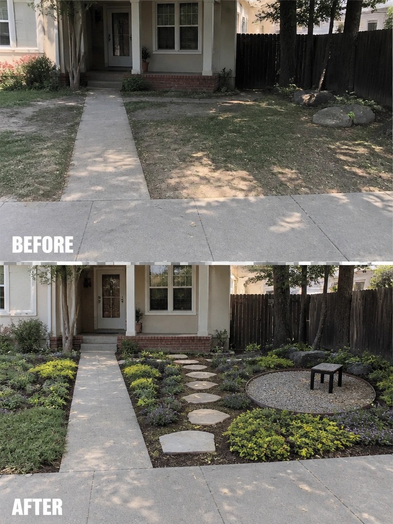 Before and after of front yard with new garden beds, stones and plants