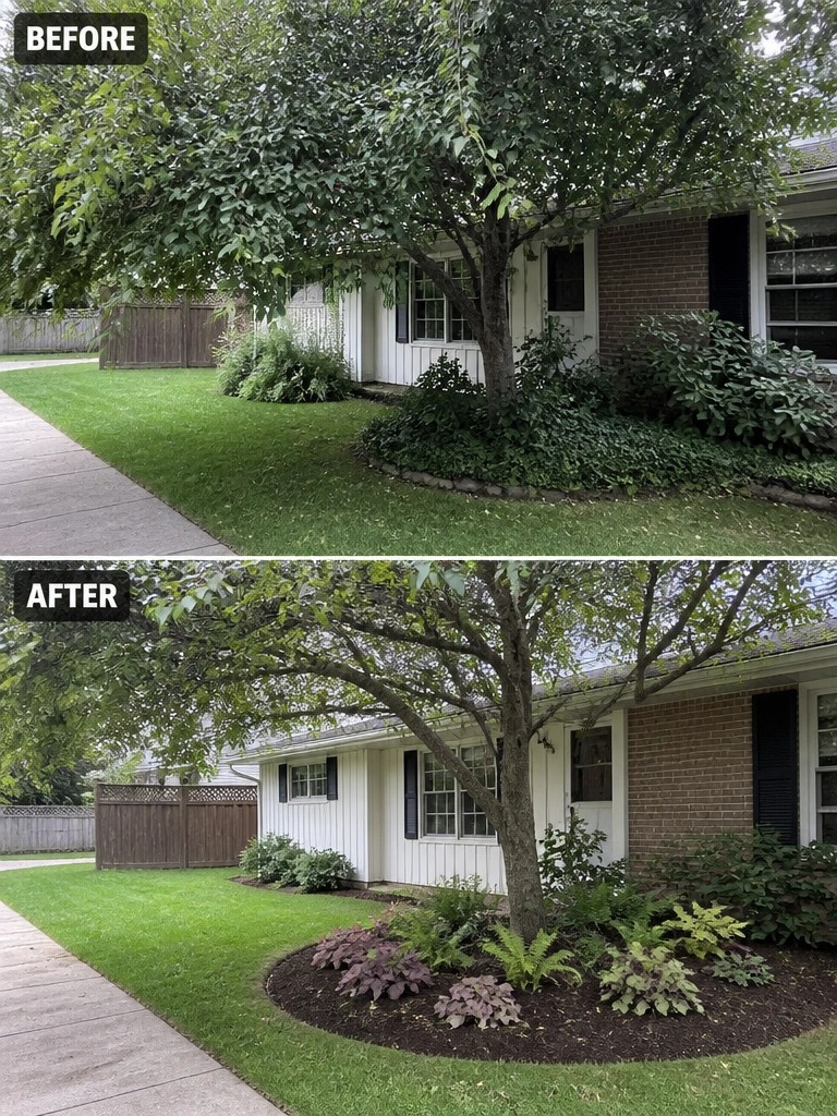 Before-and-after image of an overgrown front yard bed changed into a defined mulched garden with ferns and new plants around a tree.