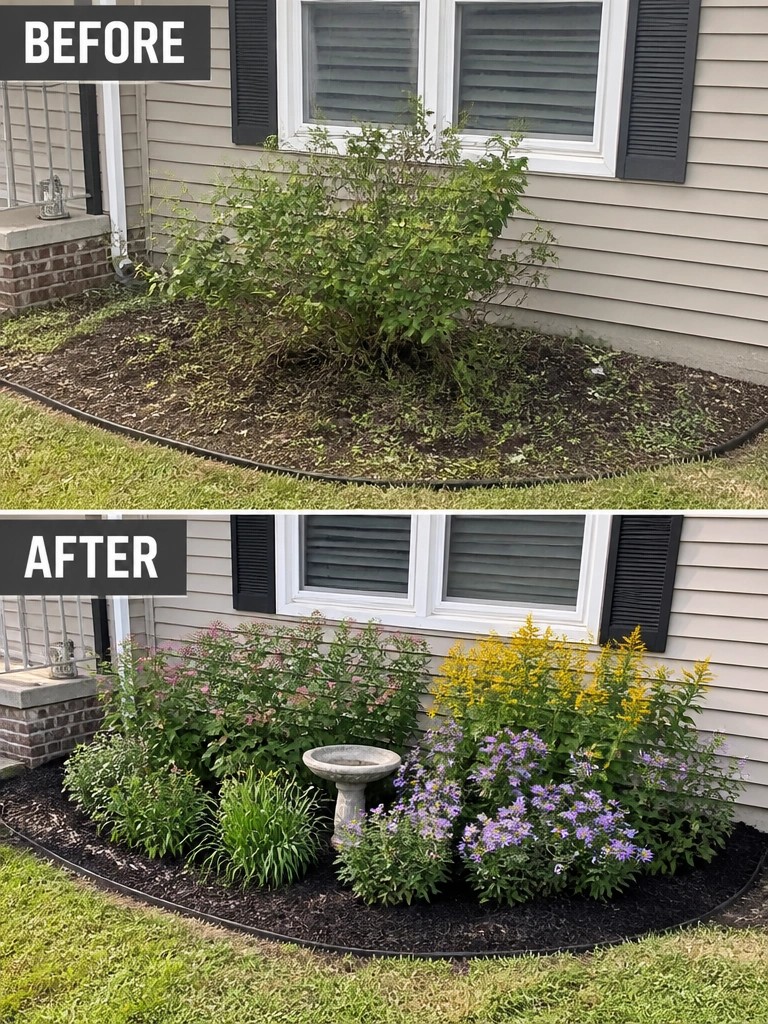 Before-and-after garden bed makeover with colorful flowers, mulch, and birdbath.