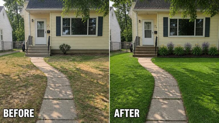Before-and-after of beige house showing patchy lawn above, lush grass and flower beds below.