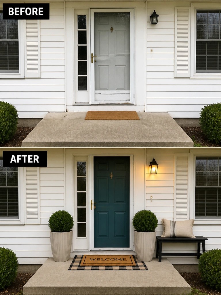 Before-and-after image of a house front entry with a light gray door changed to a dark teal door flanked by matching planters, a welcome mat, and a bench.