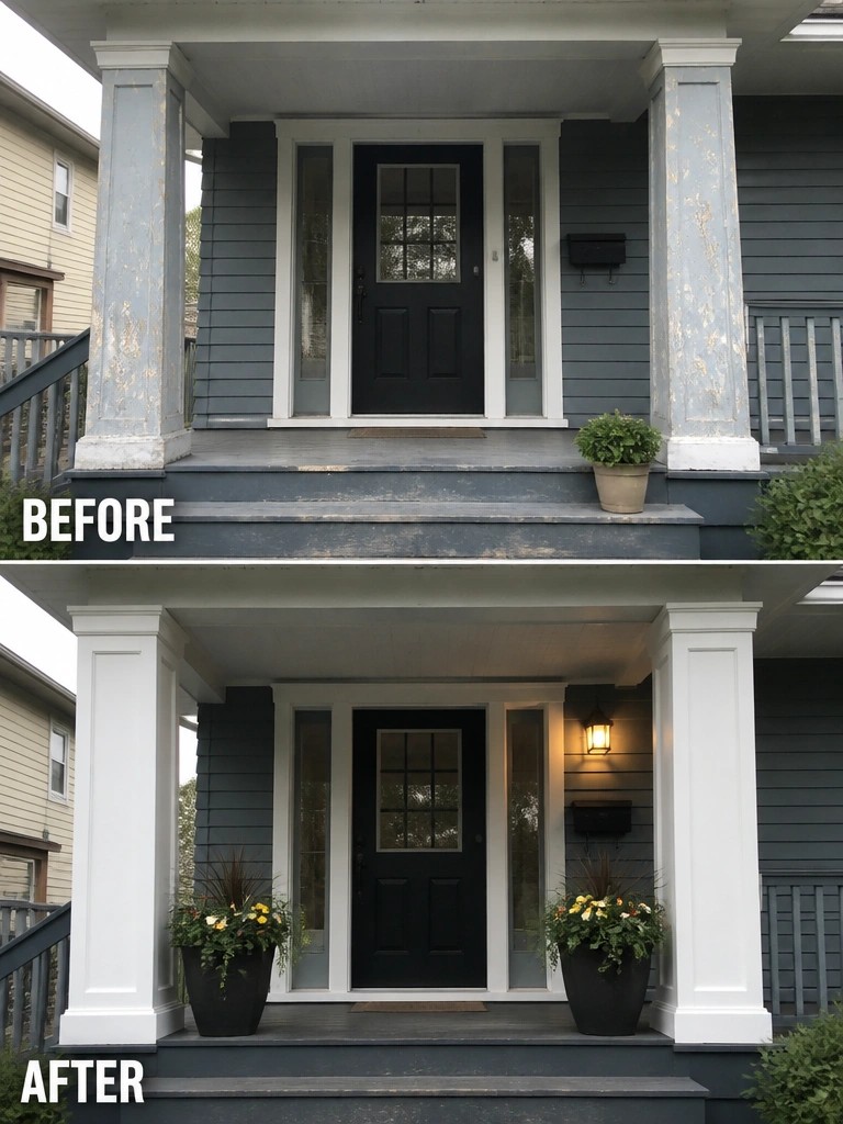 Before-and-after porch with white columns, black planters, and lit lantern