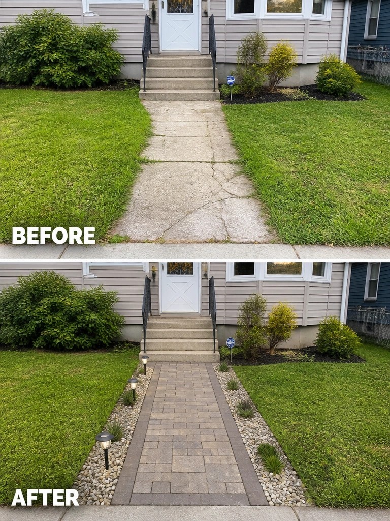Before and after cracked concrete path upgraded to landscaped brick walkway with lights.