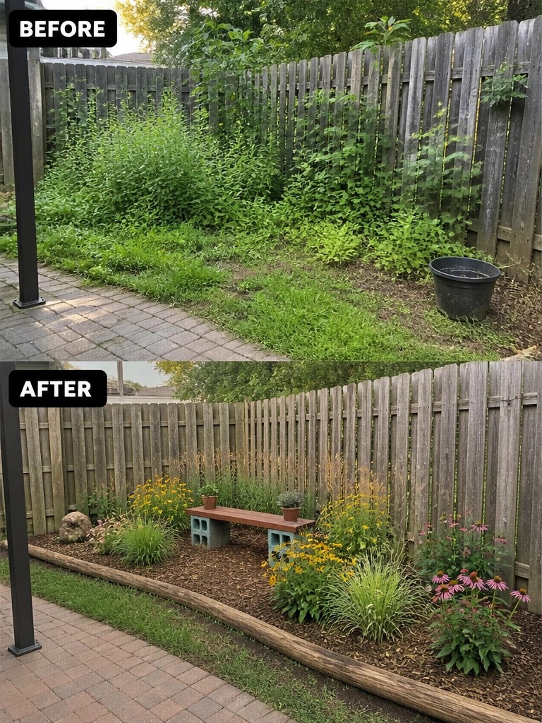 Before and after of overgrown garden transformed into mulched flower bed with bench.
