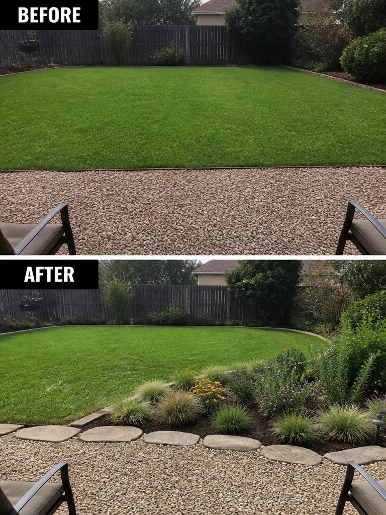 Before and after backyard with new garden beds, plants and stepping stones